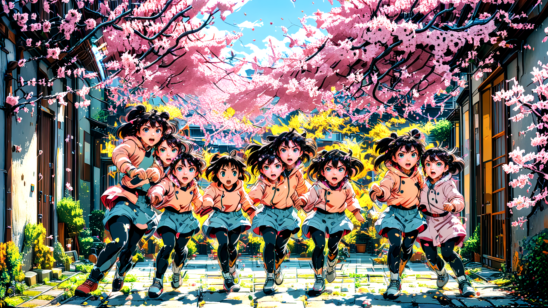 AI generated wallpaper featuring girls, cherry blossoms, alley