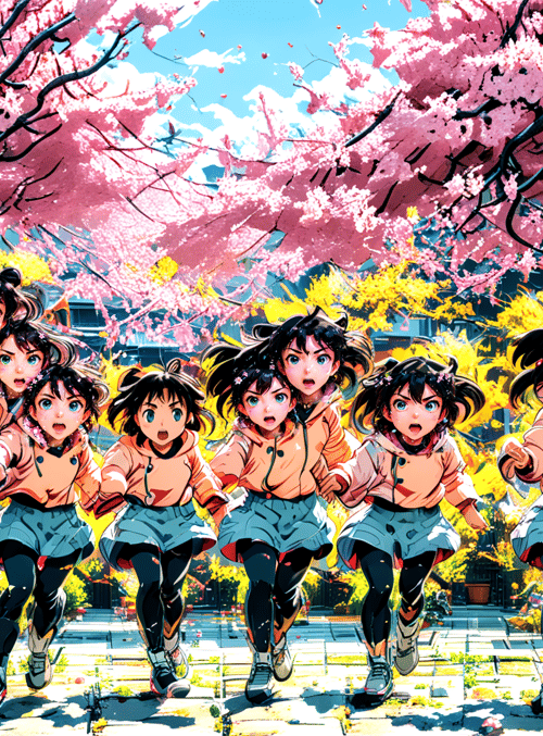 girls, cherry blossoms, alley