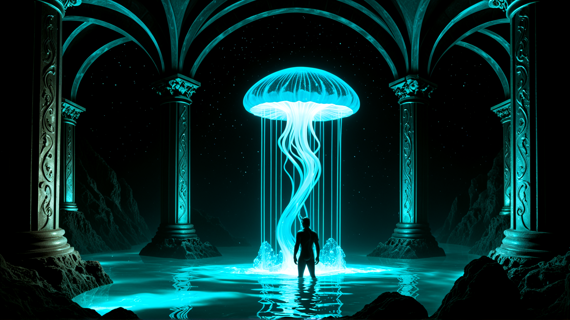 AI generated wallpaper featuring jellyfish, columns, person, water, arches