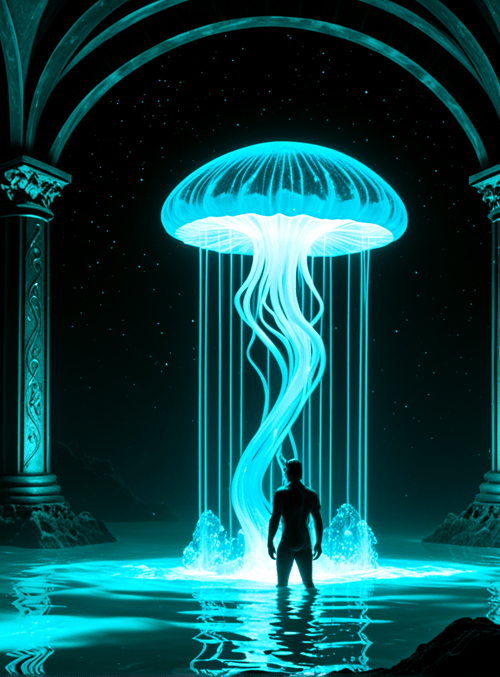 jellyfish, columns, person, water, arches