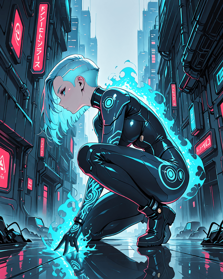 AI generated wallpaper featuring cyborg, woman, city, neon, futurism