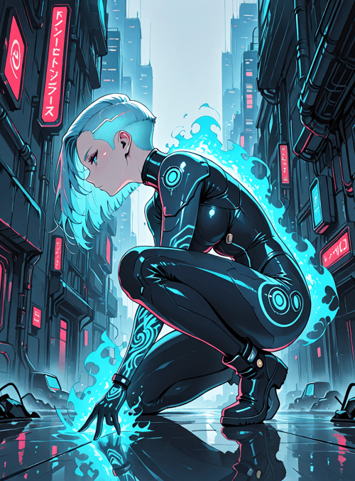 cyborg, woman, city, neon, futurism