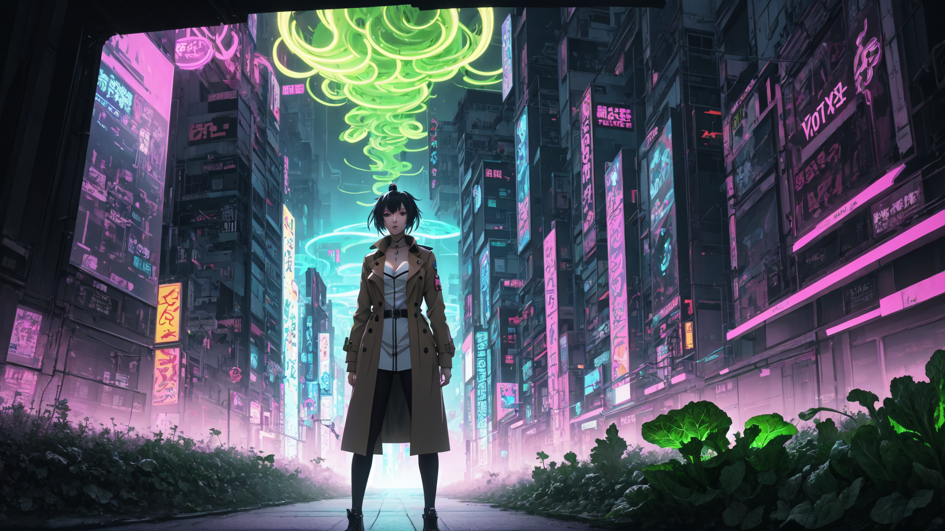 AI generated wallpaper featuring girl, city, neon, buildings, plants, wind, trench coat, signs, fog, light