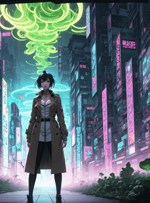 girl, city, neon, buildings, plants, wind, trench coat, signs, fog, light