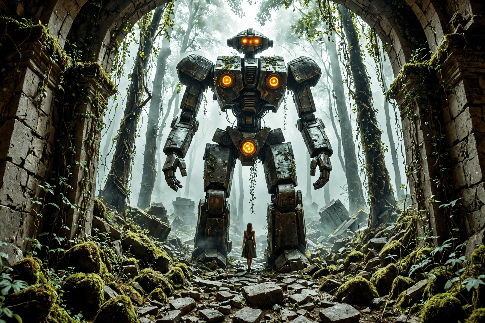 AI generated wallpaper featuring robot, girl, ruins