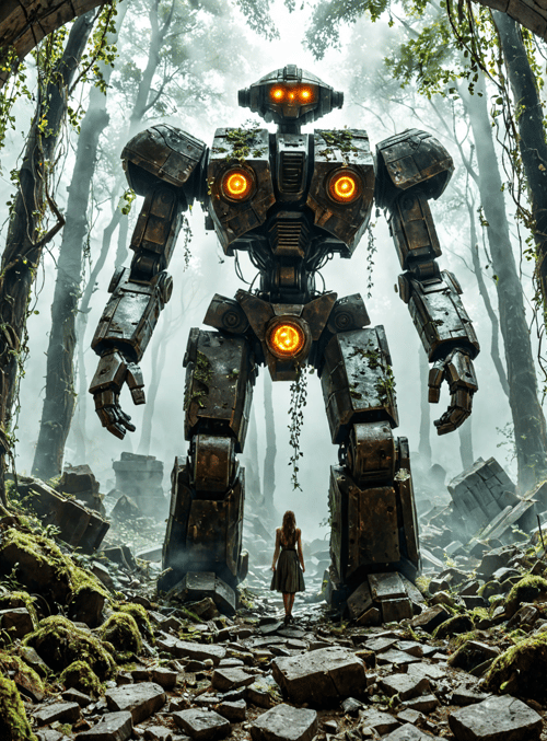 robot, girl, ruins