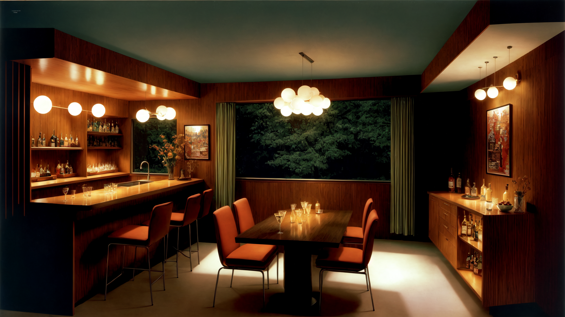 AI generated wallpaper featuring bar, dining table, chairs, shelves, curtains, painting, lamps, bottles, flowers, window