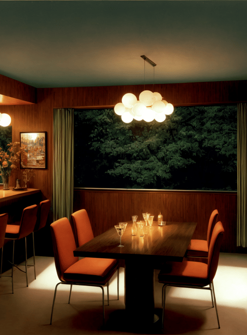 bar, dining table, chairs, shelves, curtains, painting, lamps, bottles, flowers, window