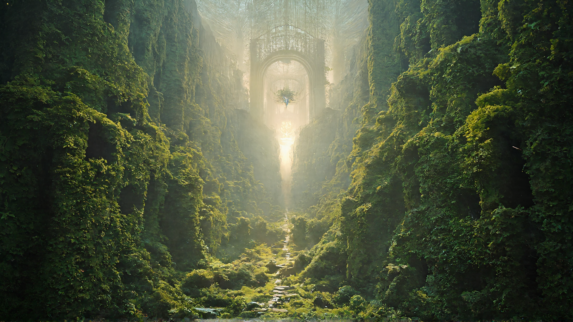 AI generated wallpaper featuring canyon, forest, arch