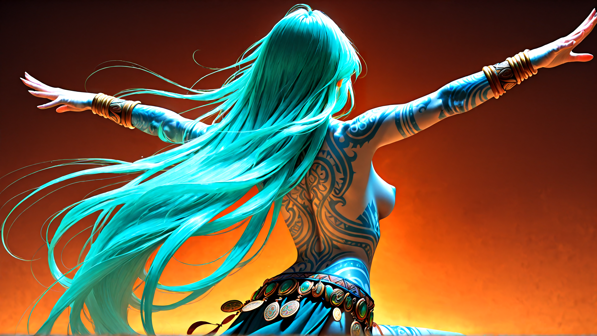 AI generated wallpaper featuring woman, dancer, tattoo, jewelry, hair