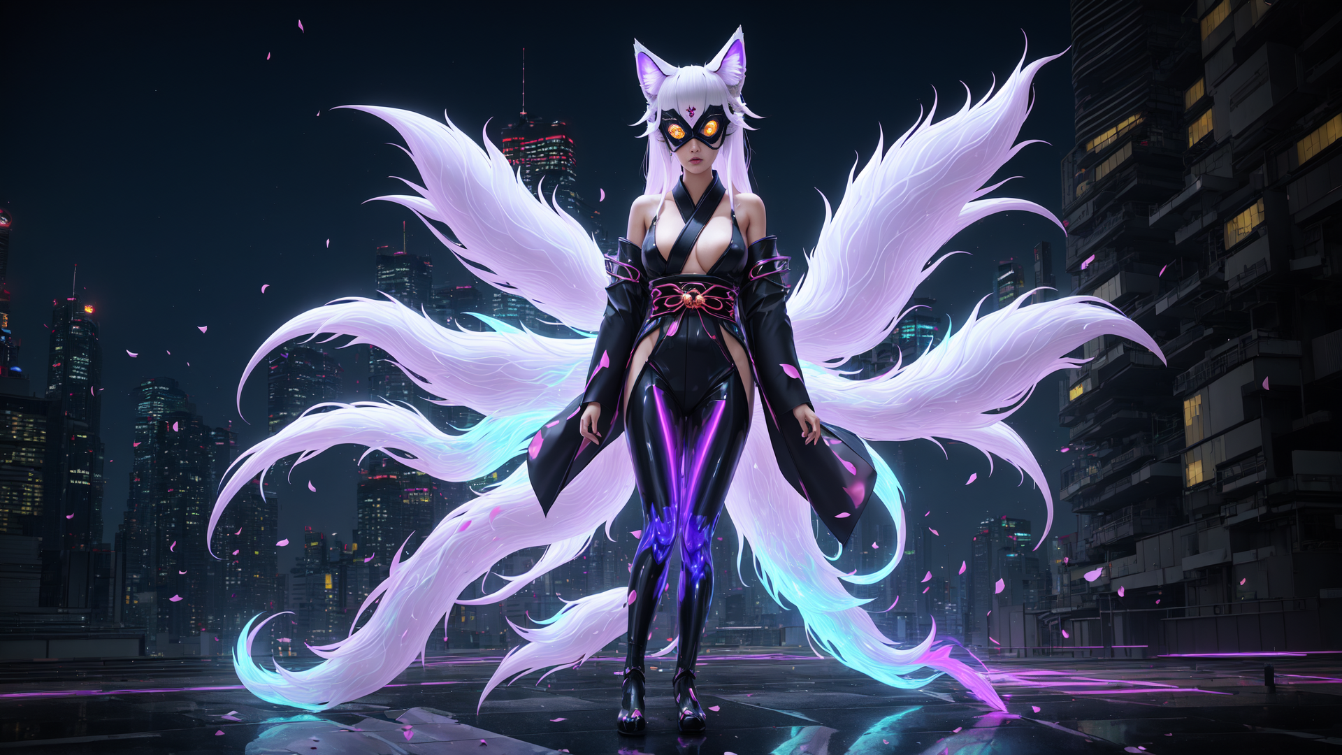 AI generated wallpaper featuring fox, cyberpunk, anime