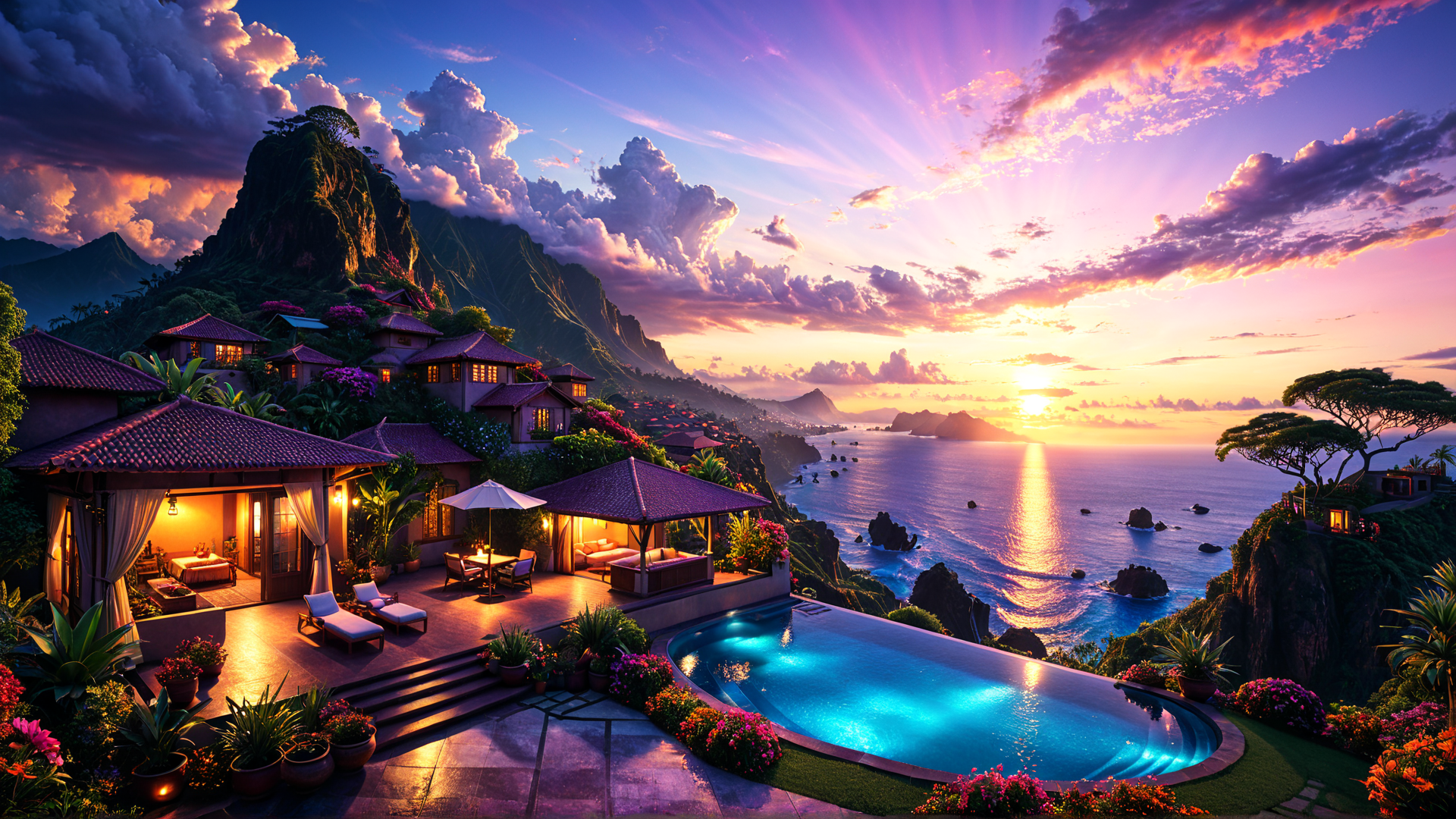 AI generated wallpaper featuring villa, pool, mountain, ocean, sunset