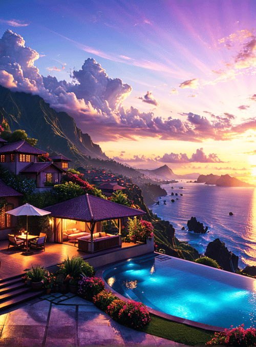 villa, pool, mountain, ocean, sunset