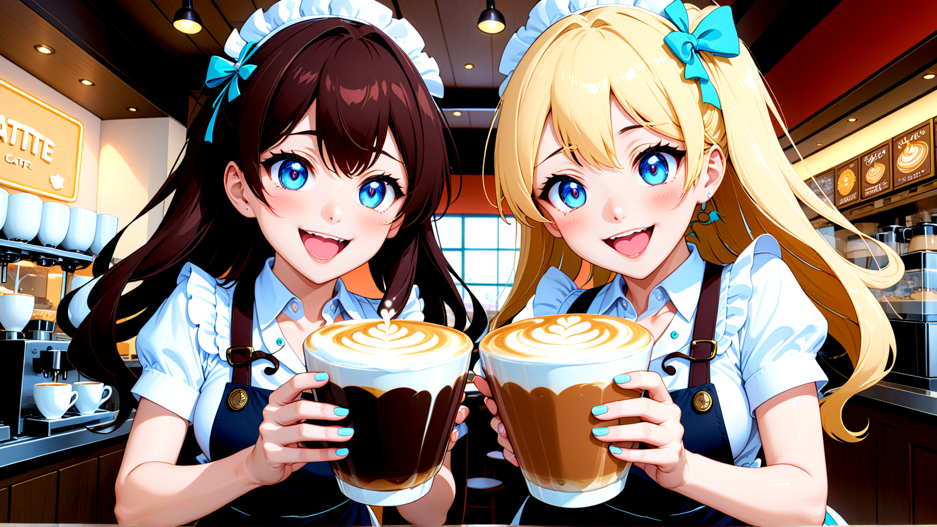 AI generated wallpaper featuring server, barista, girl, coffee, cup, cafe, latte, apron, nurse, bow