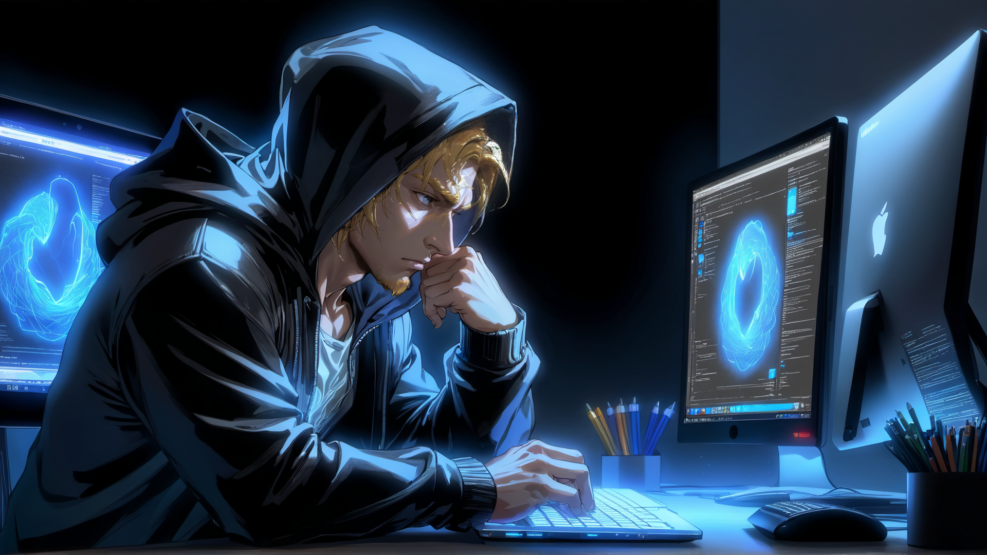 AI generated wallpaper featuring hacker, computer, monitor