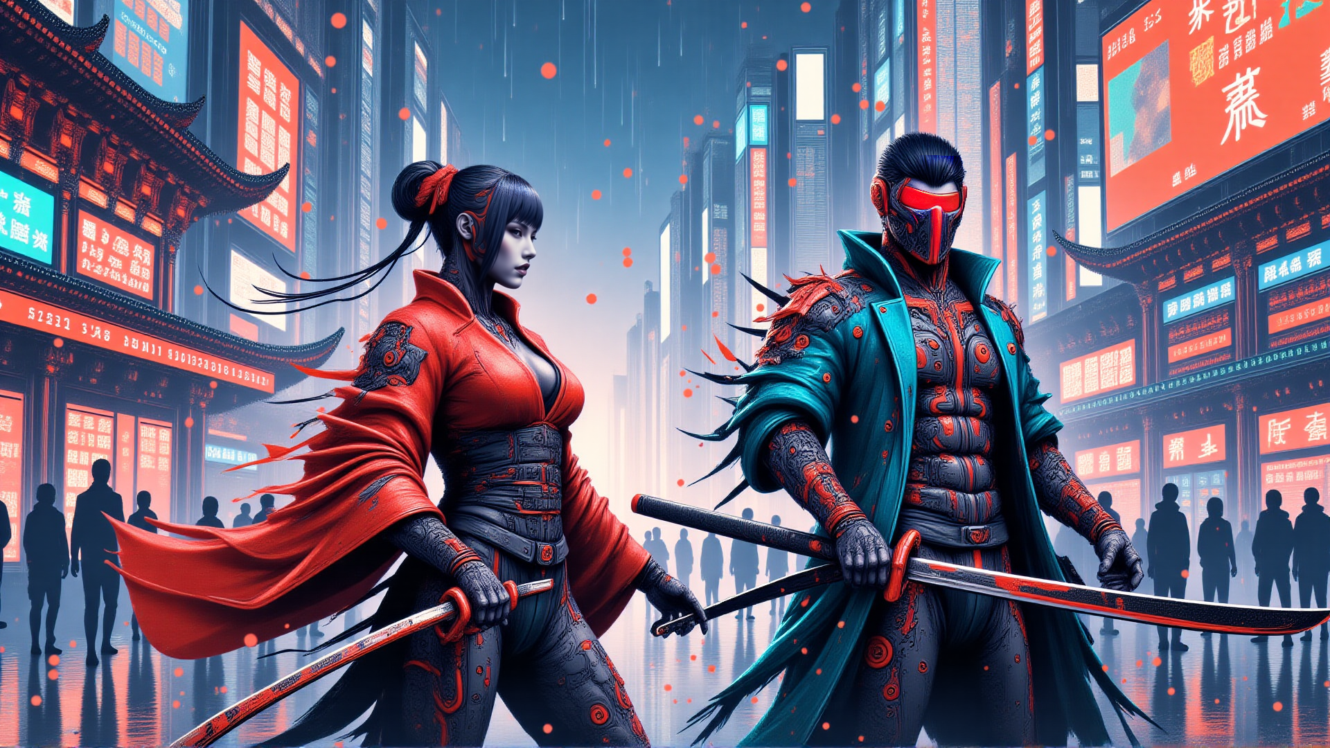 AI generated wallpaper featuring samurai, cyborg, swords