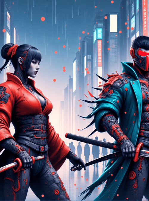 samurai, cyborg, swords
