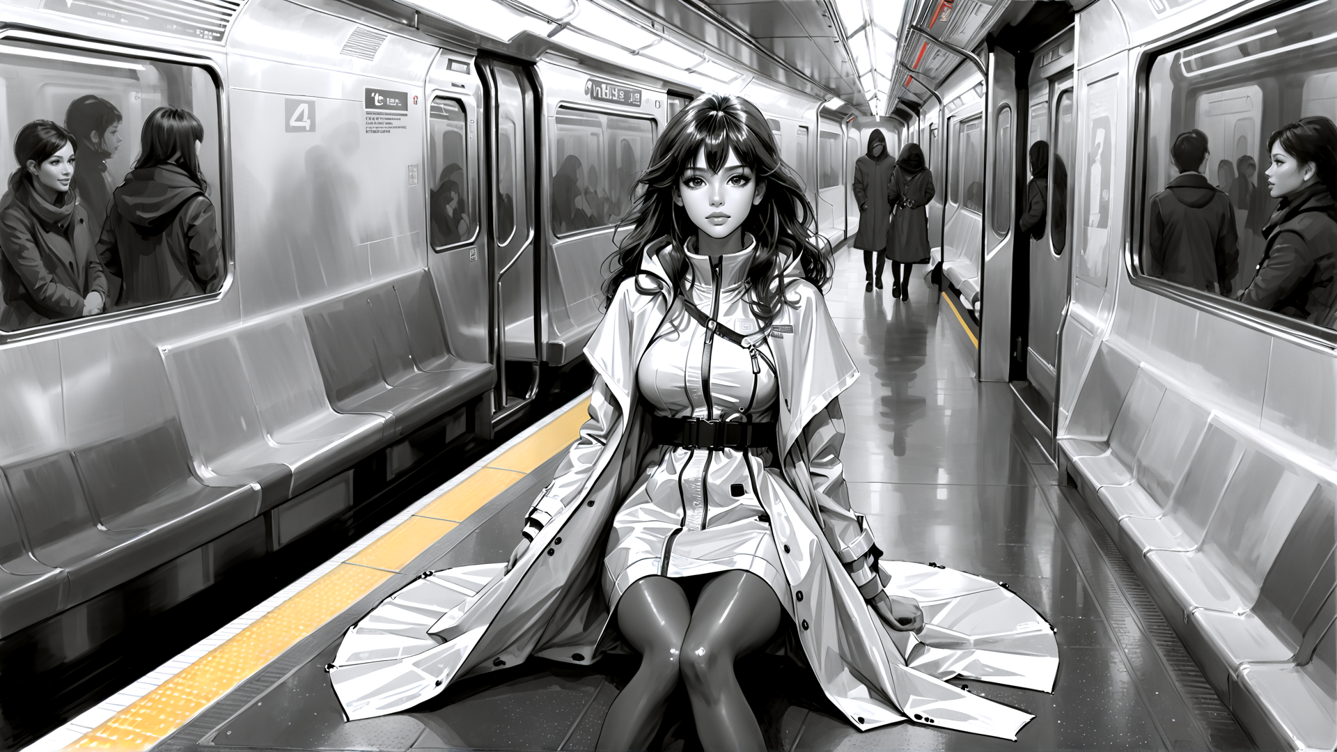 AI generated wallpaper featuring woman, subway, train, passenger, coat, dress, gloves, shoes, seats, window