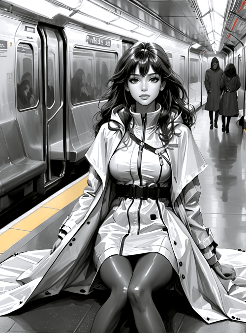 woman, subway, train, passenger, coat, dress, gloves, shoes, seats, window