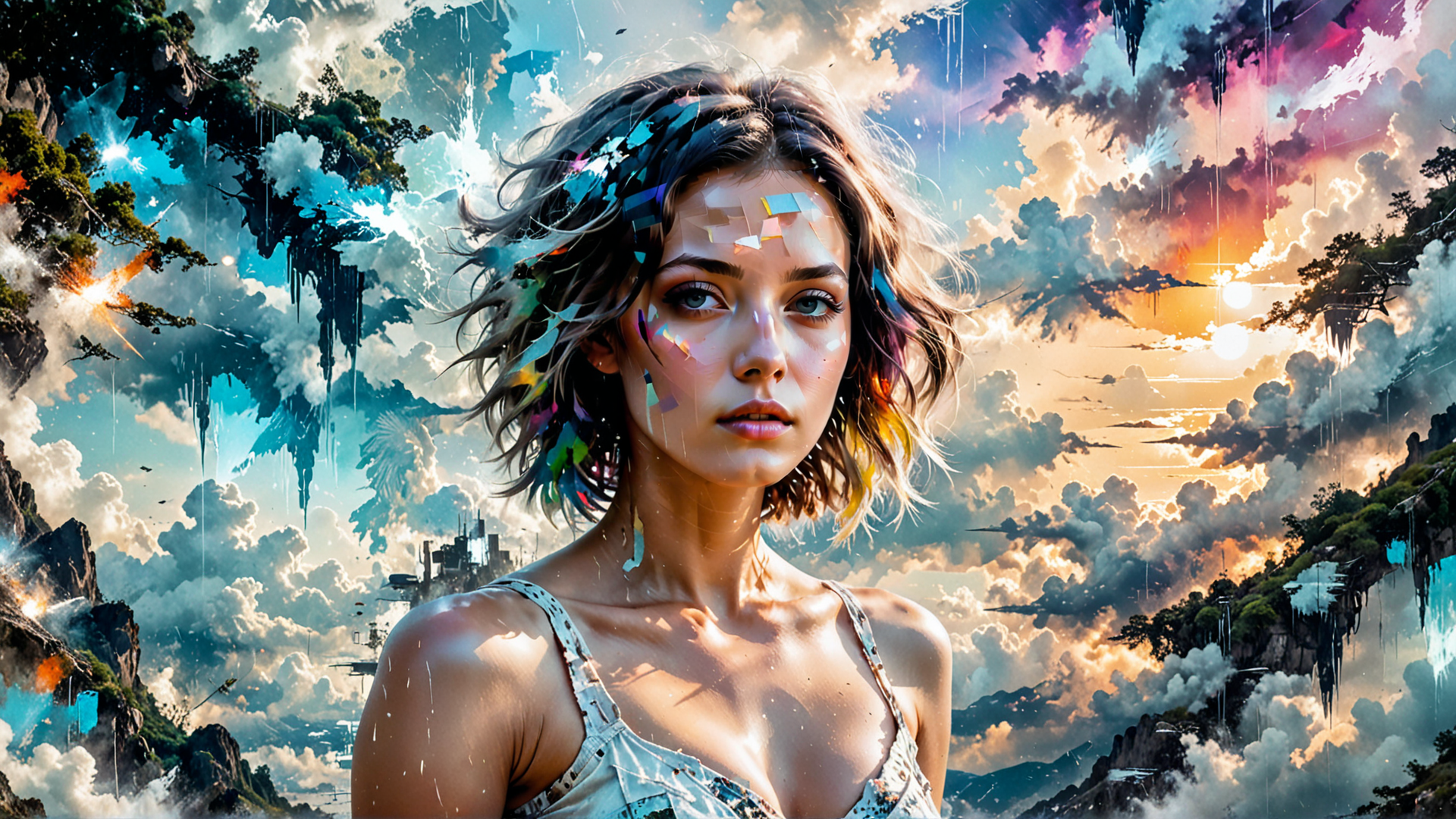 AI generated wallpaper featuring woman, clouds, trees, mountains, cityscape, feathers, sun
