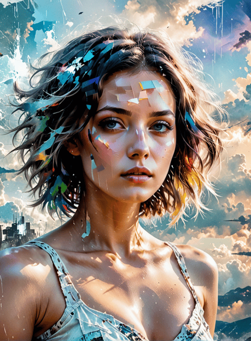 woman, clouds, trees, mountains, cityscape, feathers, sun