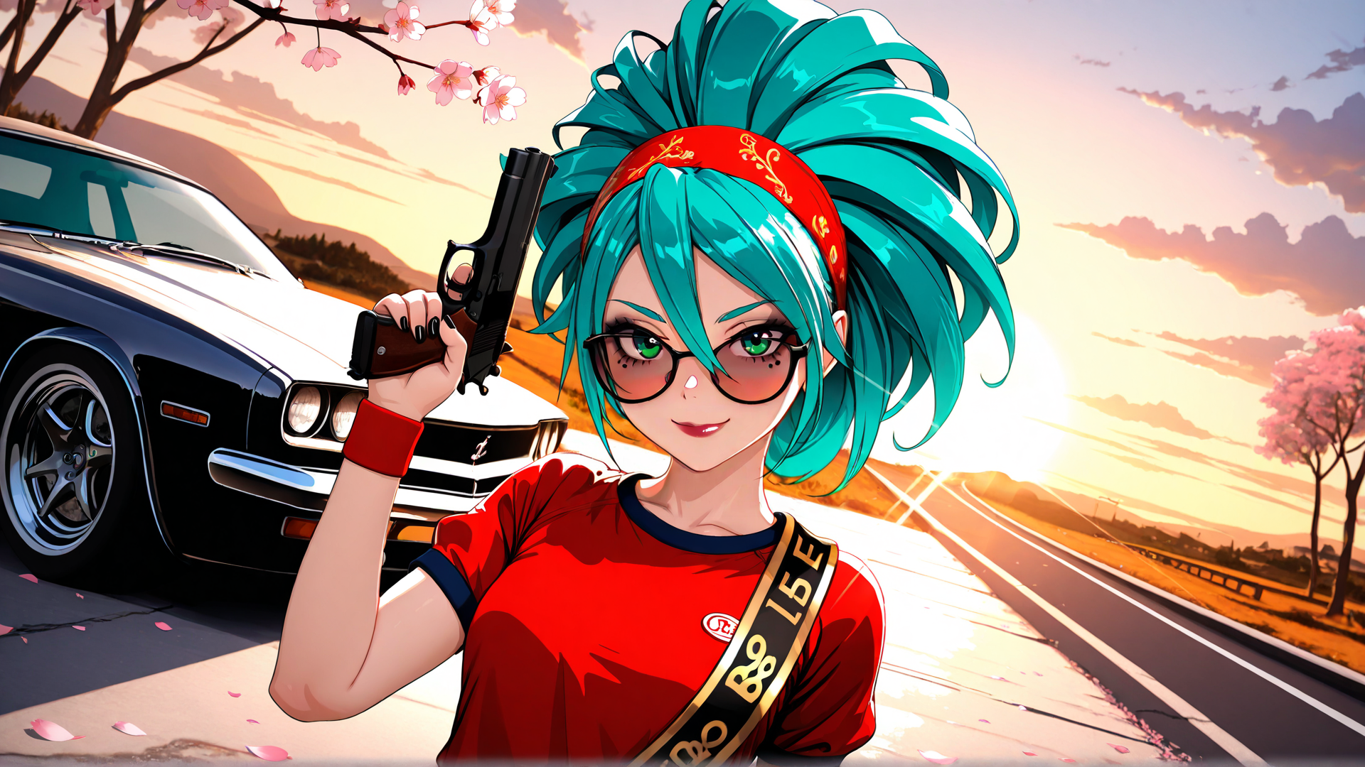 AI generated wallpaper featuring girl, gun, car, cherry blossom, sunglasses
