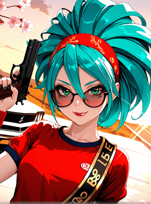 girl, gun, car, cherry blossom, sunglasses