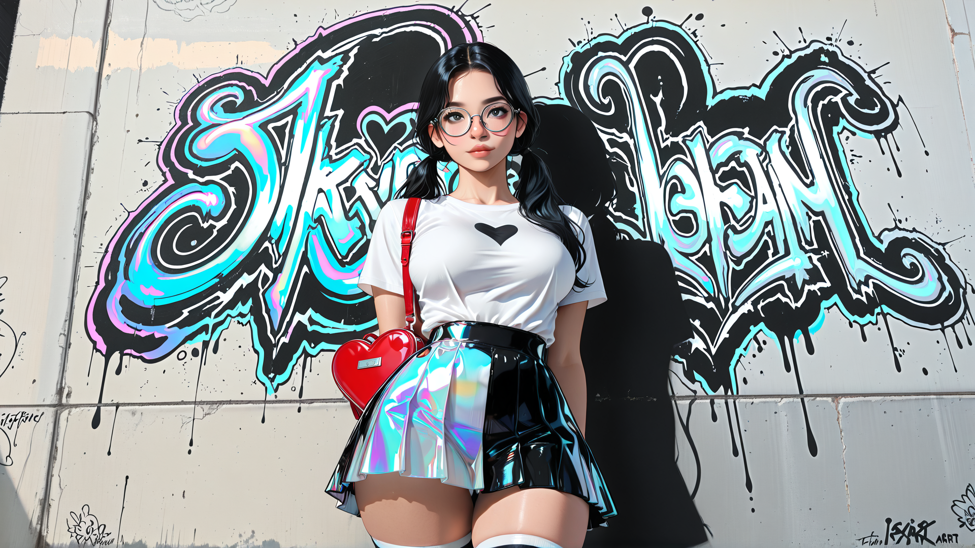 AI generated wallpaper featuring woman, glasses, heart, skirt, bag