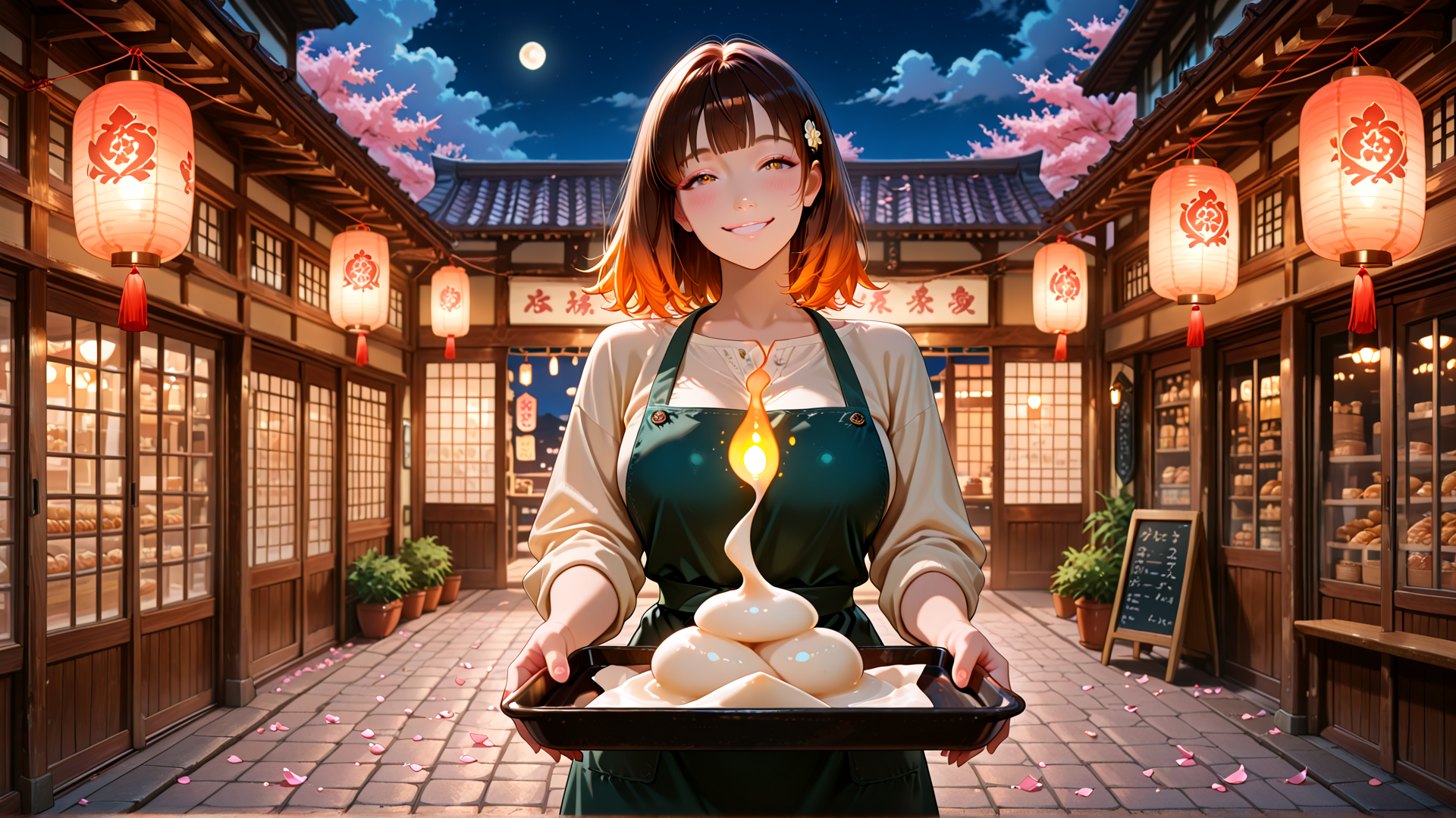 AI generated wallpaper featuring woman, tray, dough, lantern, bakery, cherry blossoms, moon, apron, building, sign