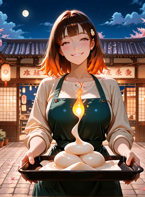 woman, tray, dough, lantern, bakery, cherry blossoms, moon, apron, building, sign