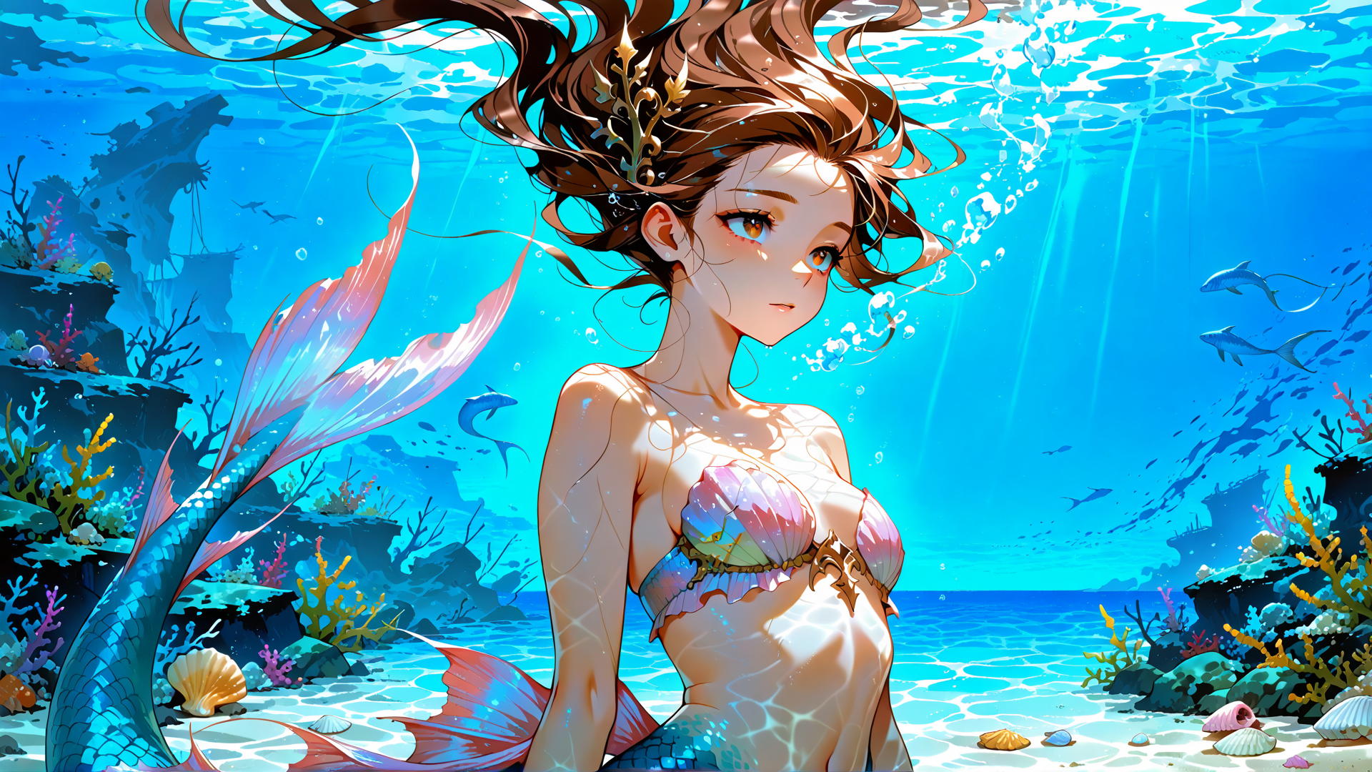 AI generated wallpaper featuring mermaid, seaweed, shells, fish, coral, sunlight, water, scales, bubbles, treasure
