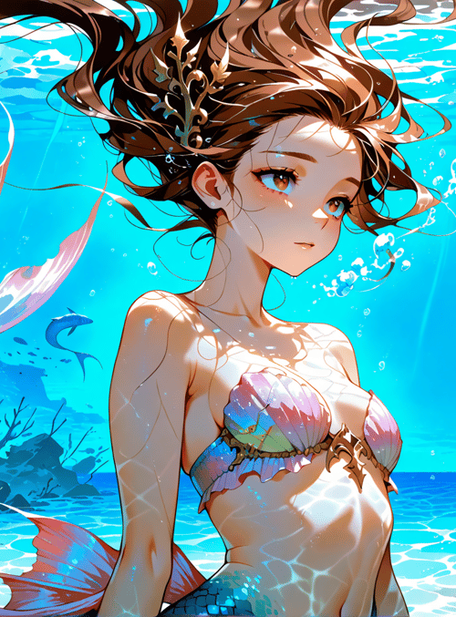 mermaid, seaweed, shells, fish, coral, sunlight, water, scales, bubbles, treasure