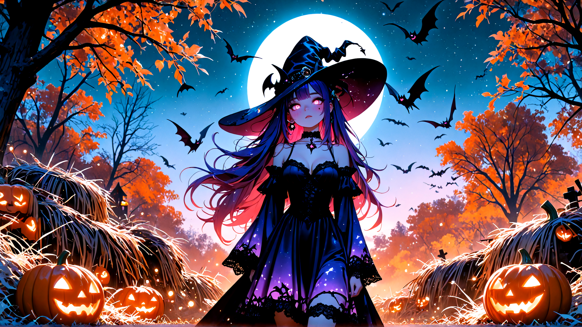AI generated wallpaper featuring witch, pumpkin, bat, tree, moon, halloween