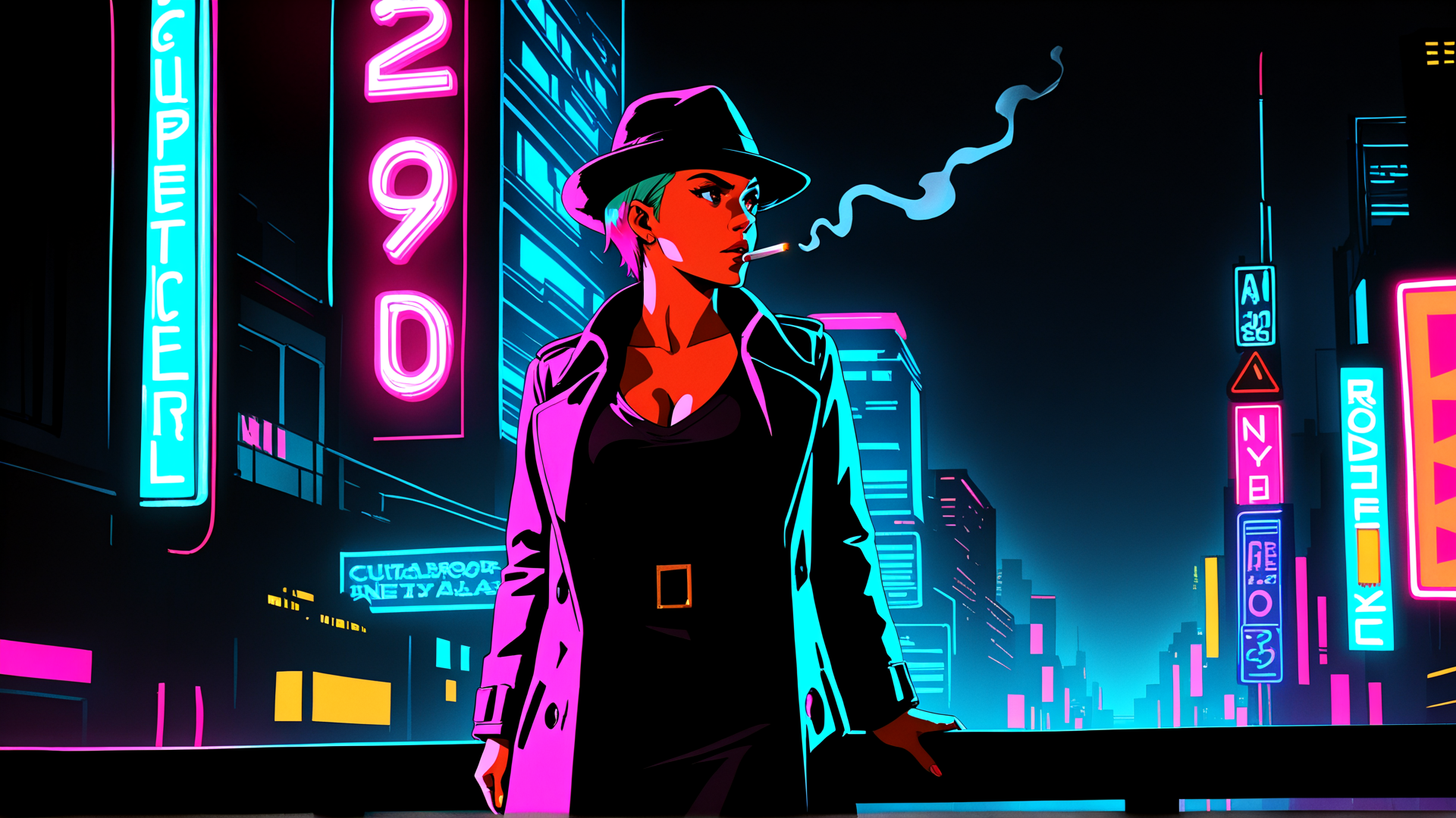 AI generated wallpaper featuring woman, neon, city, smoking, hat, coat, signs, buildings, cigarette, urban