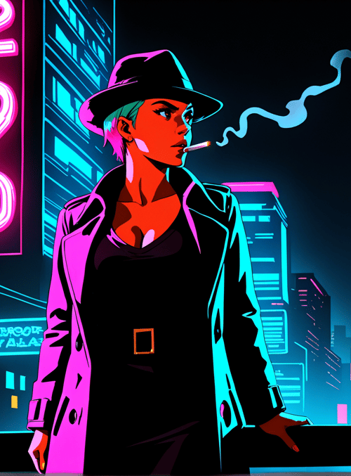 woman, neon, city, smoking, hat, coat, signs, buildings, cigarette, urban