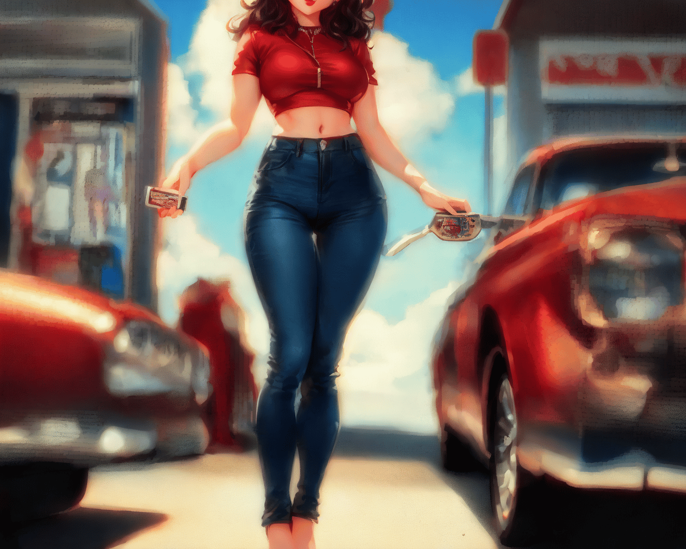 AI generated wallpaper featuring woman, cars, glasses