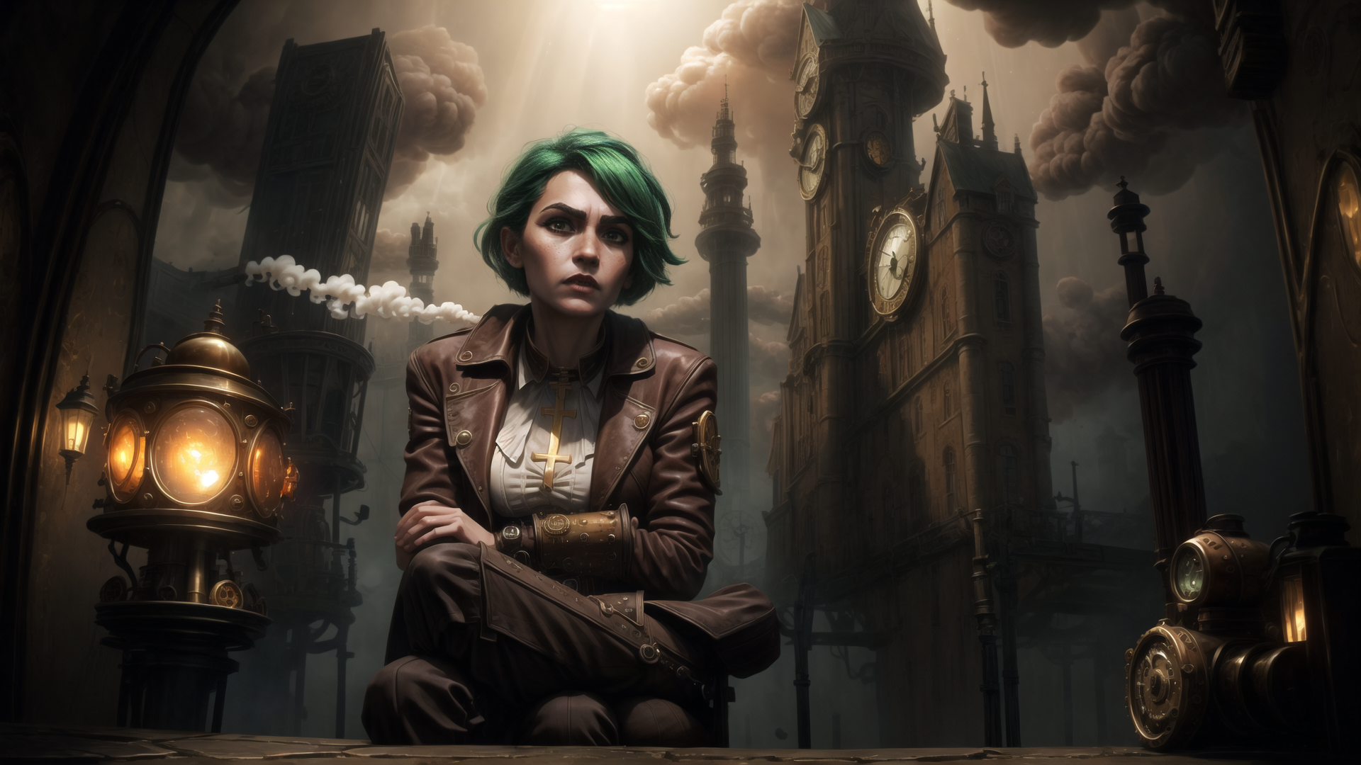 AI generated wallpaper featuring woman, clock tower, steampunk city