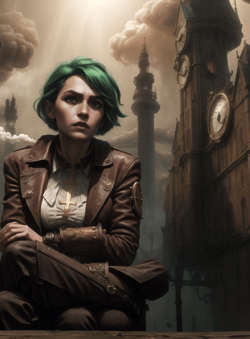 woman, clock tower, steampunk city