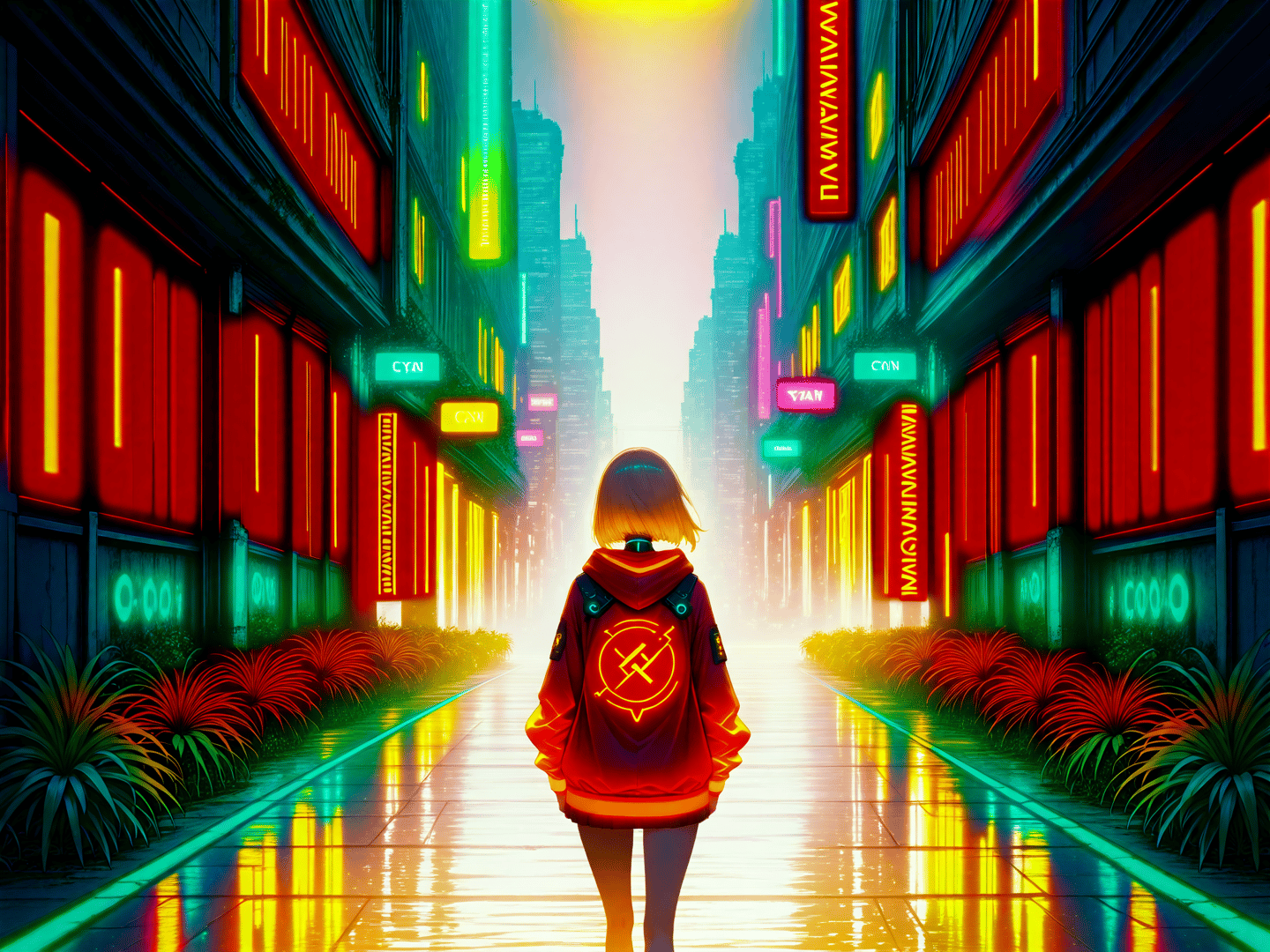 AI generated wallpaper featuring girl, city, neon
