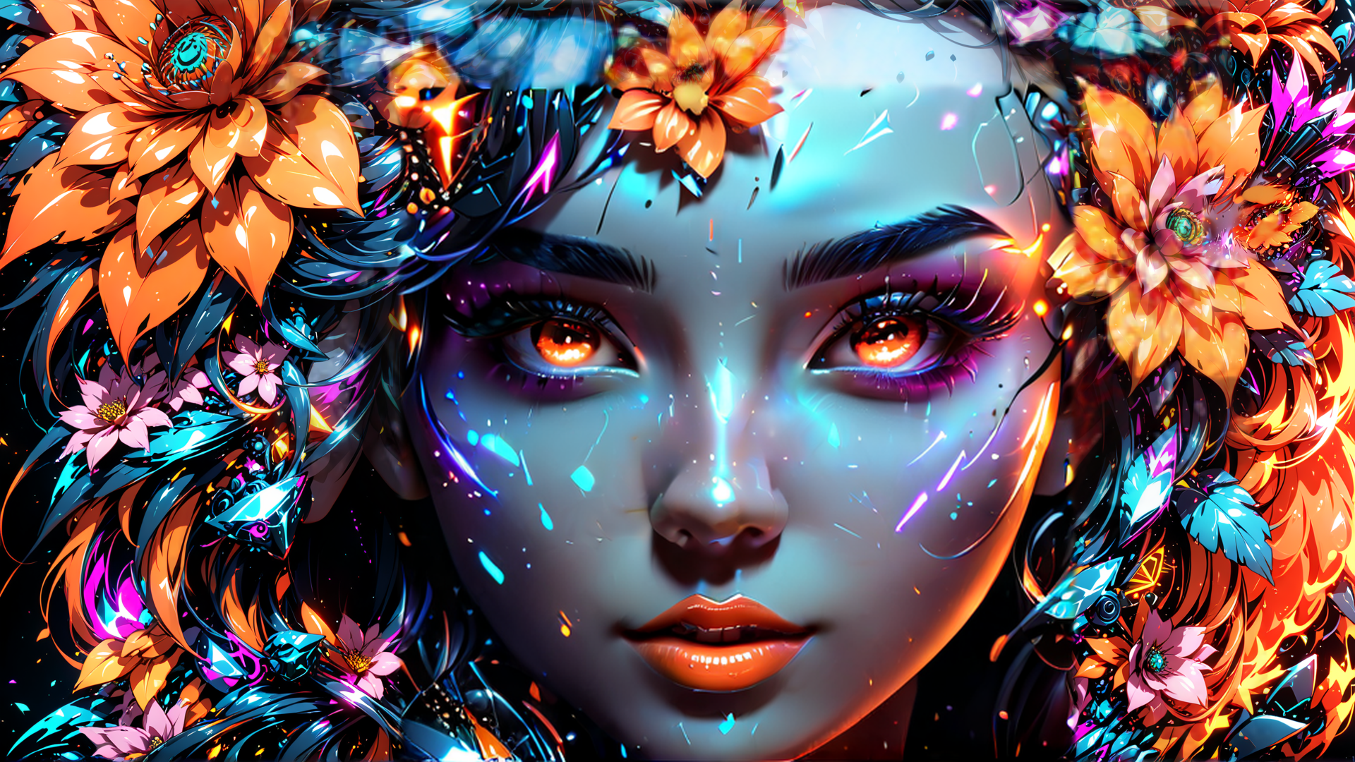 AI generated wallpaper featuring woman, flowers, glowing