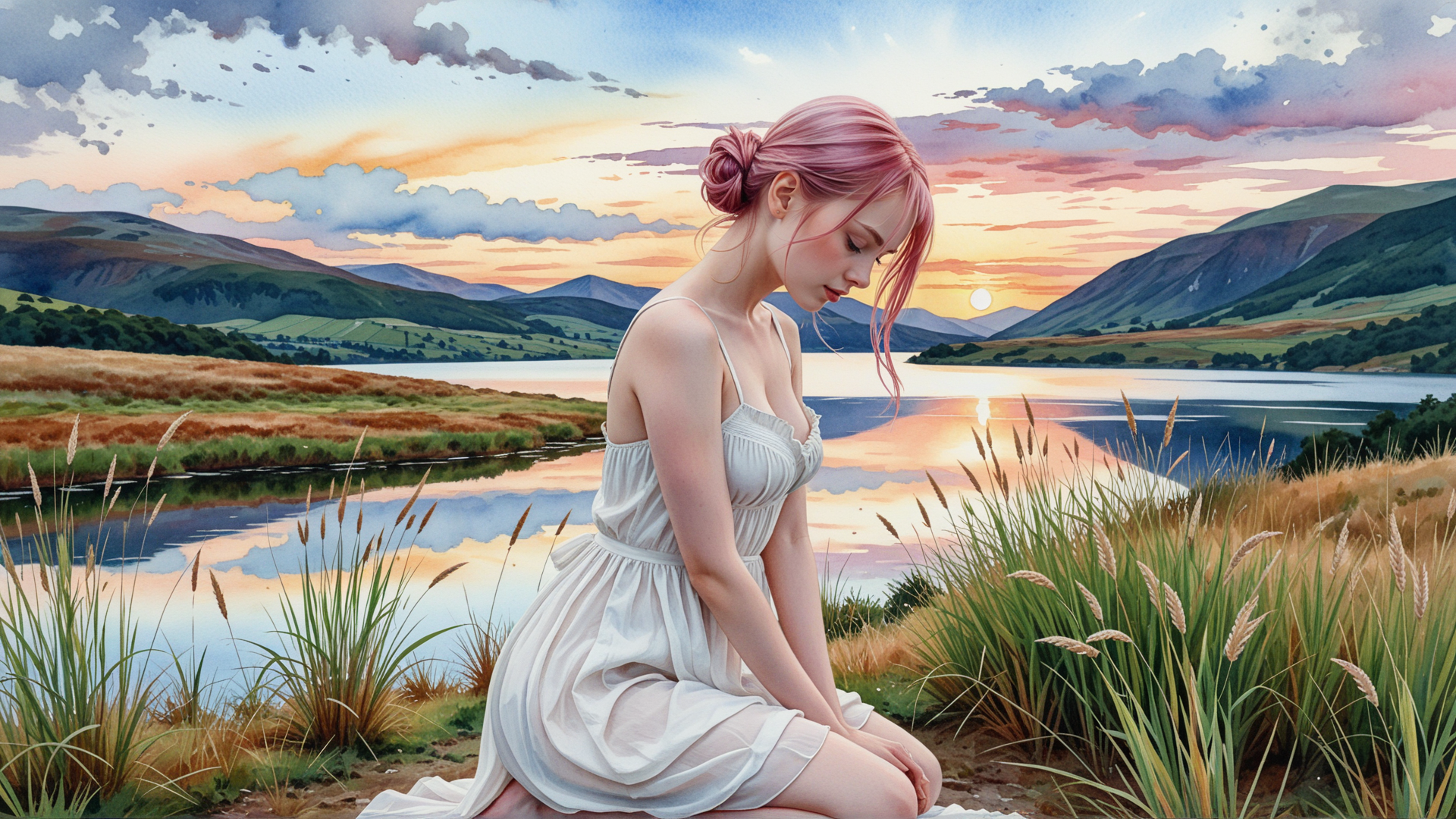 AI generated wallpaper featuring woman, lake, mountains, grass, sunset, sky, clouds, dress, field, sun