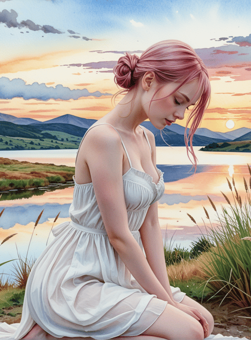 woman, lake, mountains, grass, sunset, sky, clouds, dress, field, sun