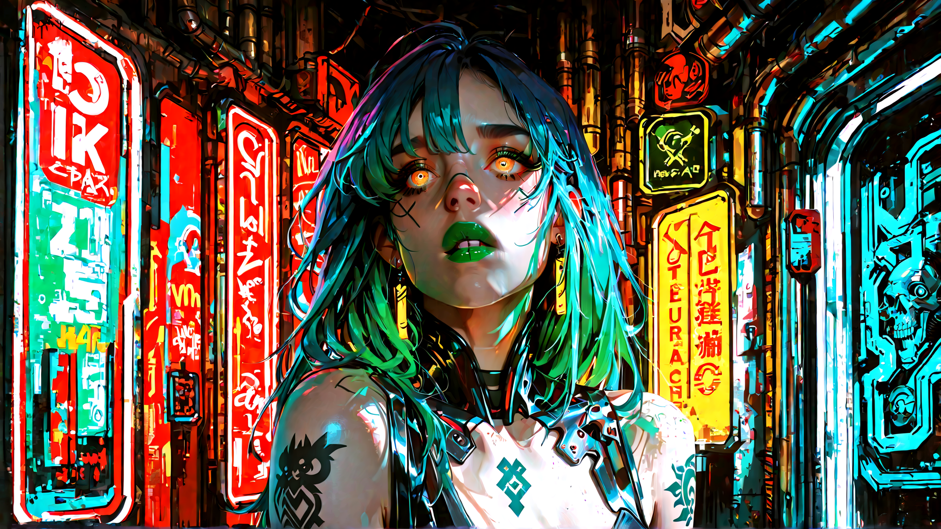AI generated wallpaper featuring woman, neon, cyberpunk, signs, tattoo, jewelry, silk, skull, hair, light