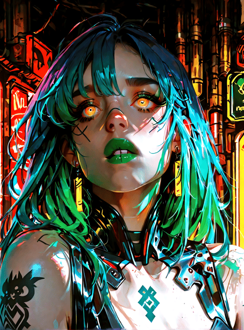 woman, neon, cyberpunk, signs, tattoo, jewelry, silk, skull, hair, light