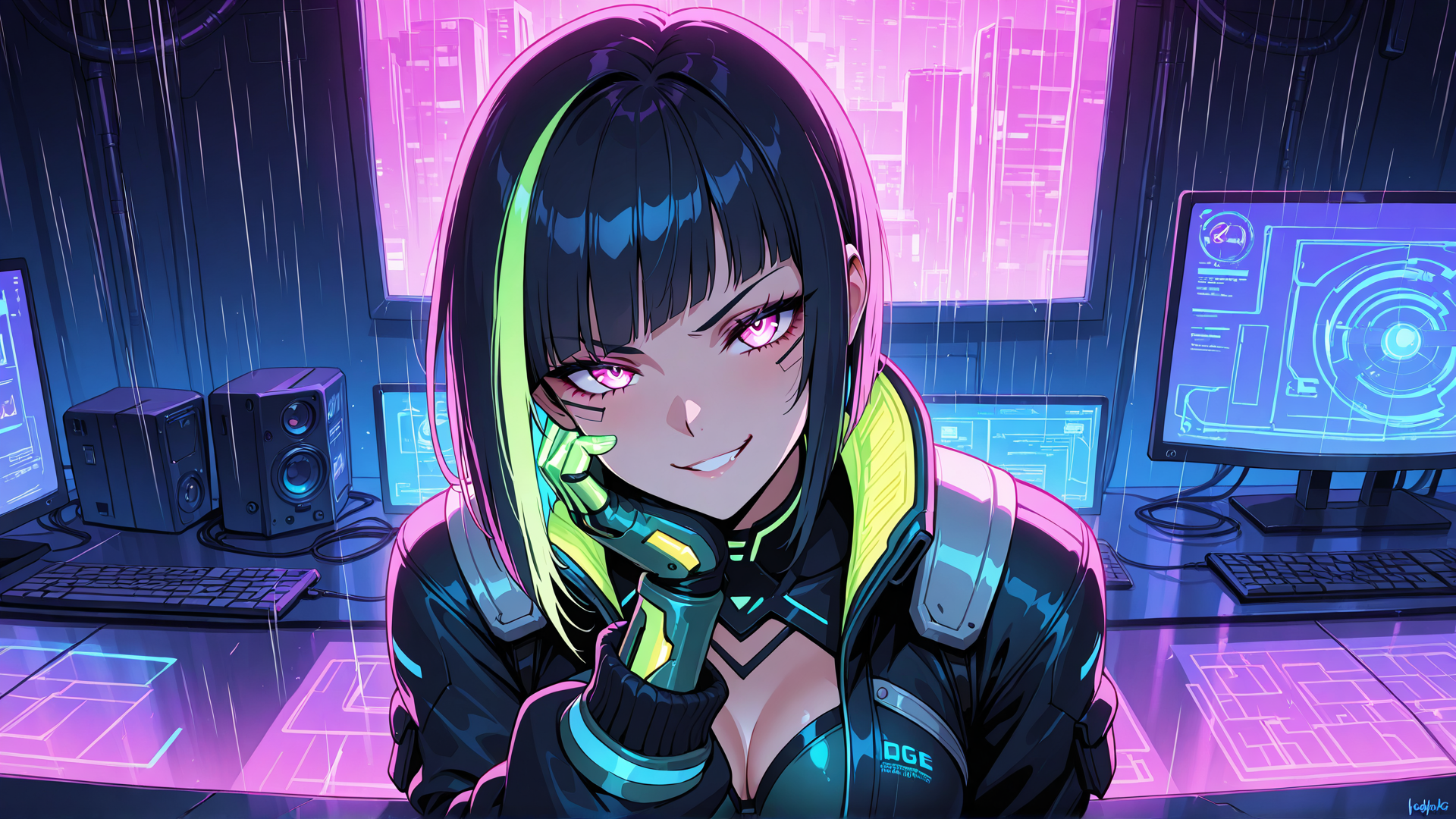 AI generated wallpaper featuring cyberpunk girl, robot arm