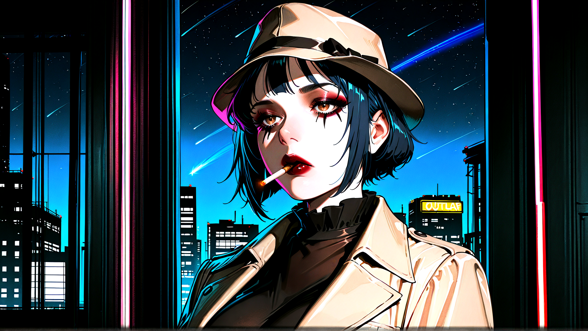 AI generated wallpaper featuring woman, hat, cityscape, cigarette, coat
