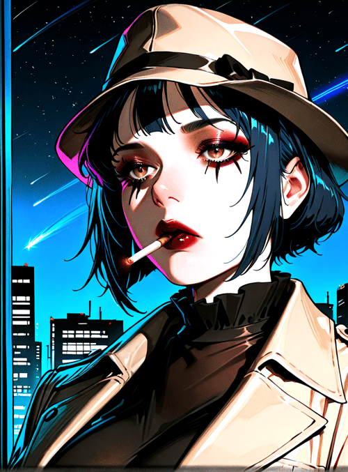 woman, hat, cityscape, cigarette, coat