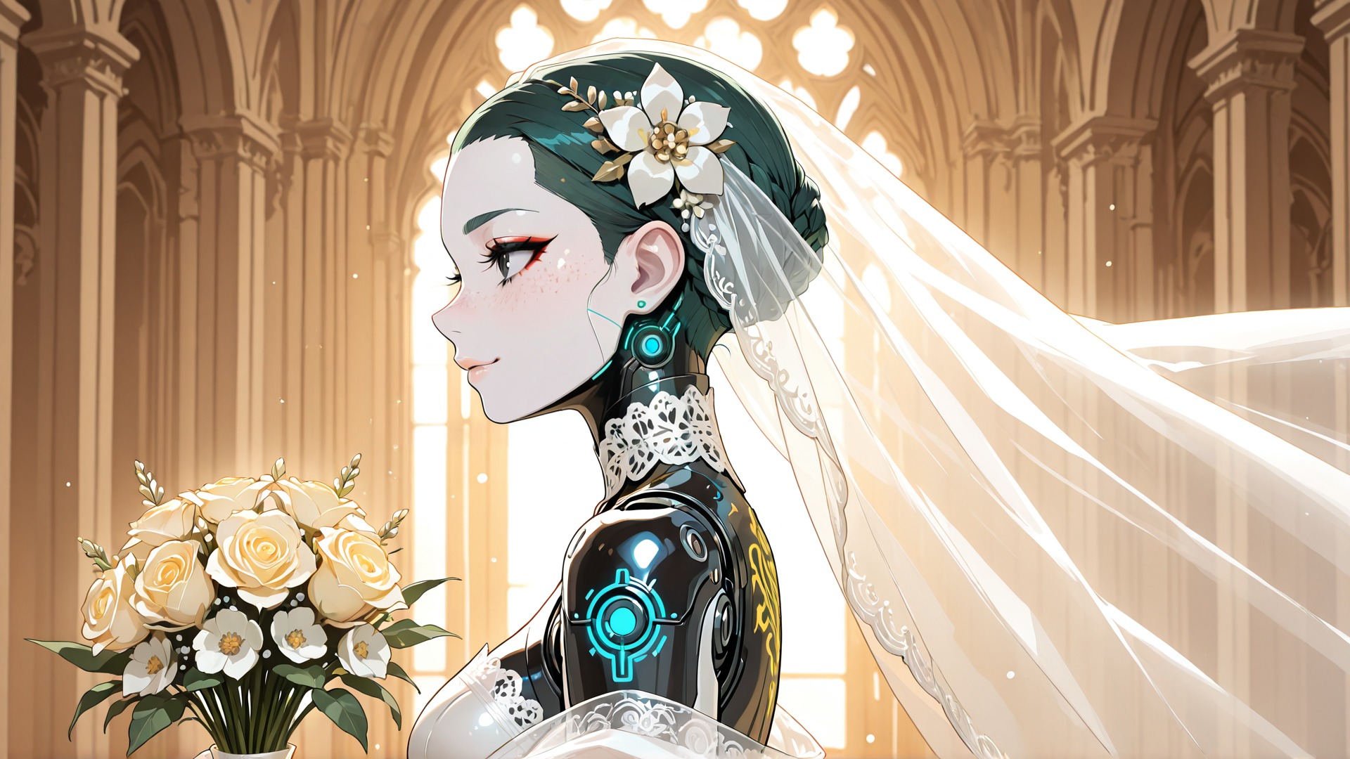 AI generated wallpaper featuring robot, bride, veil, flower, cathedral