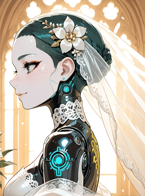 robot, bride, veil, flower, cathedral