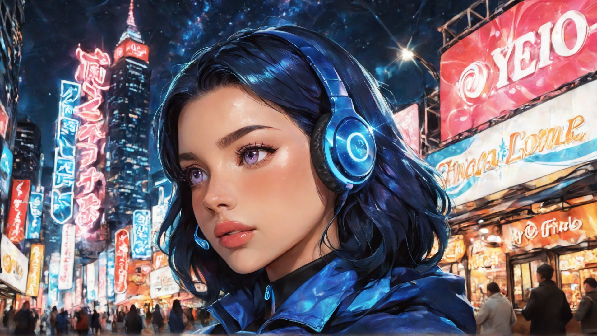 AI generated wallpaper featuring woman, headphones, cityscape, signs, street, buildings, people, jacket, neon, sky